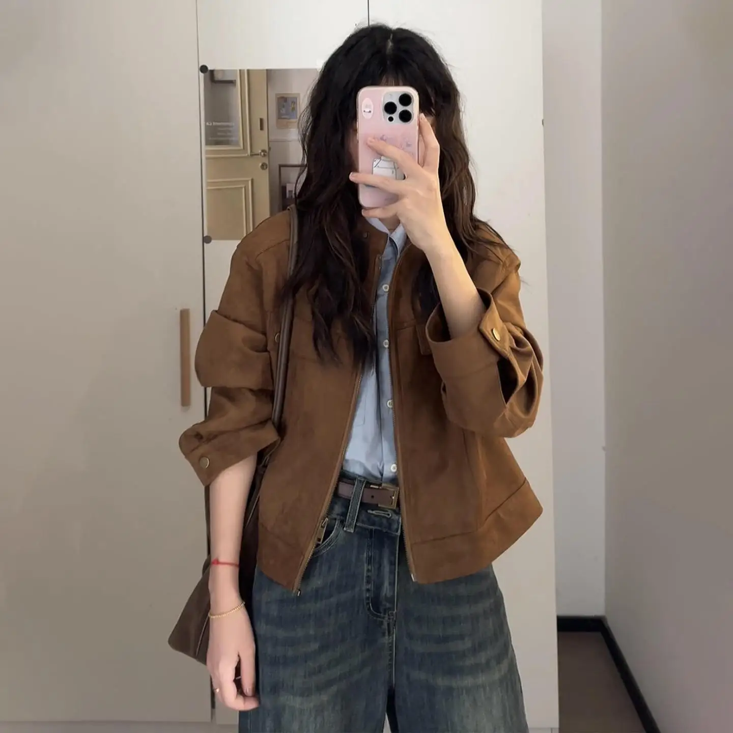 Faionable Brown ort Jaet Women's Korean Sle Spring Autumn Retro ulari irt Casual Thin Polyester Fiber
Faionable Brown ort Jaet Women's Korean Sle Spring Autumn Retro ulari irt Casual Thin Polyester Fiber