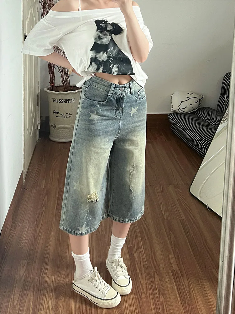 Retro American Star Print Distressed Denim Shorts Women Summer New Loose Wide Leg High Waist Casual Jeans Pants
Retro American Star Print Distressed Denim Shorts Women Summer New Loose Wide Leg High Waist Casual Jeans Pants