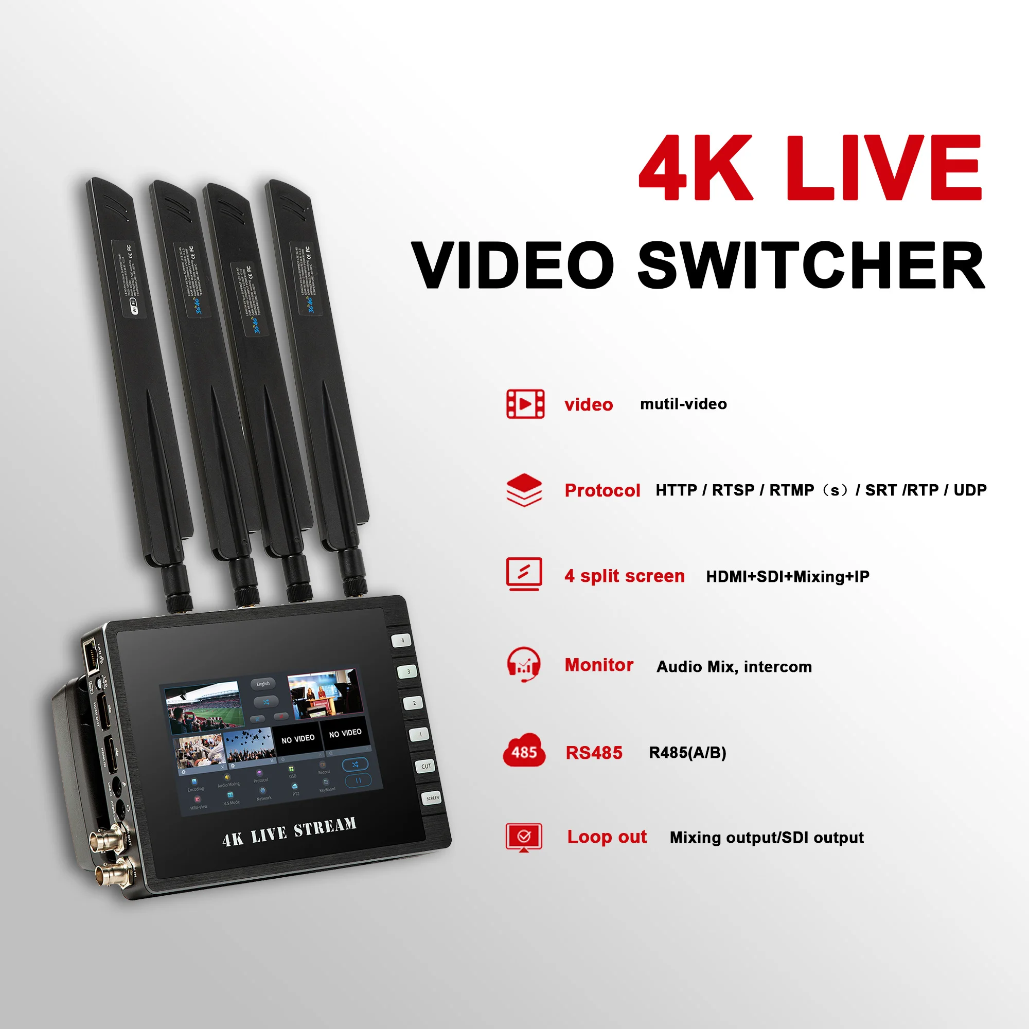 Видеокоммутатор 4K LIVE VIDEO SWITCHER 5G, кодер-декодер 4K для уличной трансляции Ultra HD
Видеокоммутатор 4K LIVE VIDEO SWITCHER 5G, кодер-декодер 4K для уличной трансляции Ultra HD