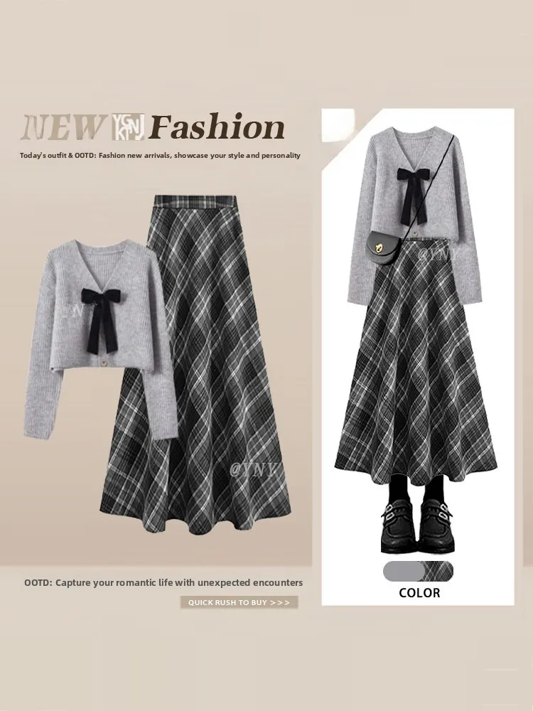 Korean Style Grey Short Knitted Cardigan with Bow High Waist Plaid Skirt Two Piece Set Women's Fashion Spring New
Korean Style Grey Short Knitted Cardigan with Bow High Waist Plaid Skirt Two Piece Set Women's Fashion Spring New