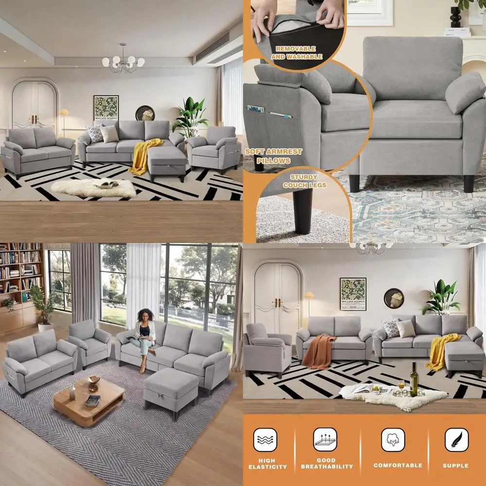 4 Piece Convertible Sectional Soa Set, ern Linen Small L Shaped Couch with Reversible Chaise, 3-Seater Soa & Loveseat & Armchair
4 Piece Convertible Sectional Soa Set, ern Linen Small L Shaped Couch with Reversible Chaise, 3-Seater Soa & Loveseat & Armchair