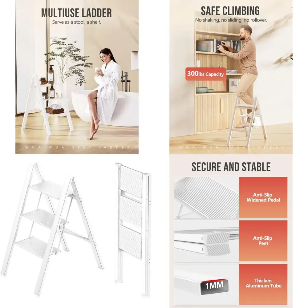 Portable White Aluminum Folding Step Ladder with Anti-Slip Treads, Suitable for Home Kitchen Use, 300lbs Load Capacity
Portable White Aluminum Folding Step Ladder with Anti-Slip Treads, Suitable for Home Kitchen Use, 300lbs Load Capacity