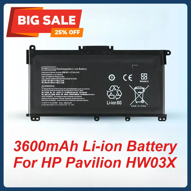 3600mAh HW03XL Laptop Battery for HP Pavilion 15-EH 15-EG 15Z-EH 17-CN 17t-CN 17z-cp100 17-CP 17S-CU 15t-eg100 15z-eh100
3600mAh HW03XL Laptop Battery for HP Pavilion 15-EH 15-EG 15Z-EH 17-CN 17t-CN 17z-cp100 17-CP 17S-CU 15t-eg100 15z-eh100
