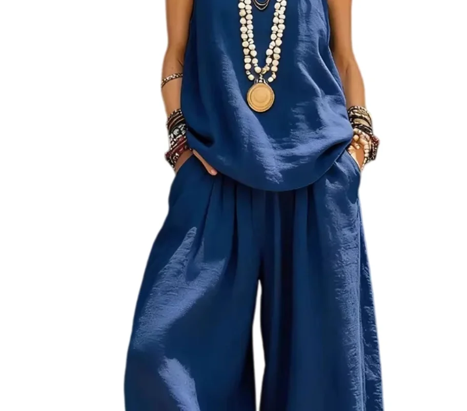 Women's Summer Sleeveless 2 Piece Outfit V Neck Top And Wide Leg Pants Set Casual Vacation Matching Lounge Set Simple Casual Wom
Women's Summer Sleeveless 2 Piece Outfit V Neck Top And Wide Leg Pants Set Casual Vacation Matching Lounge Set Simple Casual Wom