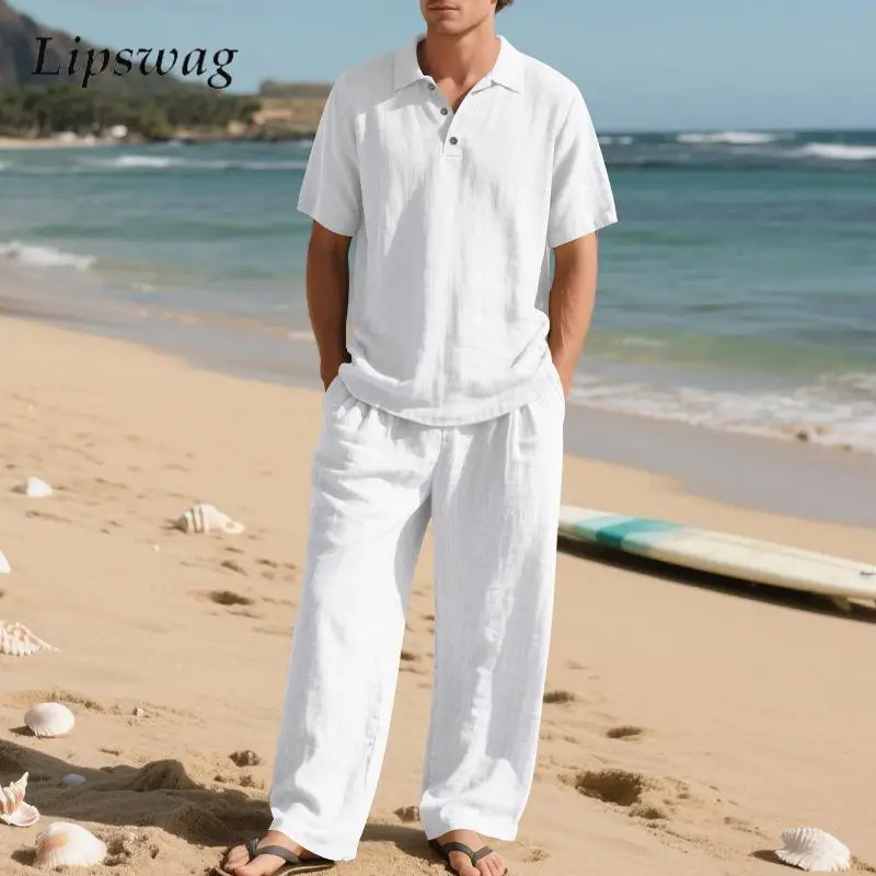 Классические однотонные льняные комплекты из двух предметов, мужские летние уличные повседневные рубашки поло с короткими рукавами и брюки, мужские костюмы для отдыха 
Классические однотонные льняные комплекты из двух предметов, мужские летние уличные повседневные рубашки поло с короткими рукавами и брюки, мужские костюмы для отдыха