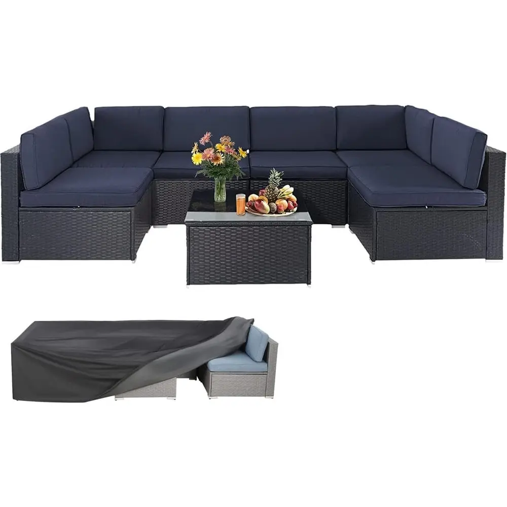 7-Piece All-Weather PE Rattan Outdoor Sectional Sofa Set with Washable Cushions, Glass Table, and Waterproof Cover (Navy Blue)
7-Piece All-Weather PE Rattan Outdoor Sectional Sofa Set with Washable Cushions, Glass Table, and Waterproof Cover (Navy Blue)