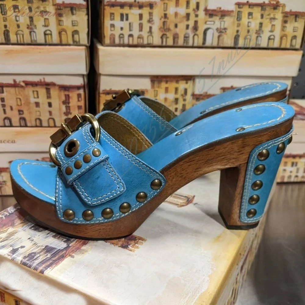 Sky Blue Retro Style Open Toe Slippers Side Metal Round Rivets Decor Chunky High Heel Open Toe Elegant Lady's Shoes for Women
Sky Blue Retro Style Open Toe Slippers Side Metal Round Rivets Decor Chunky High Heel Open Toe Elegant Lady's Shoes for Women