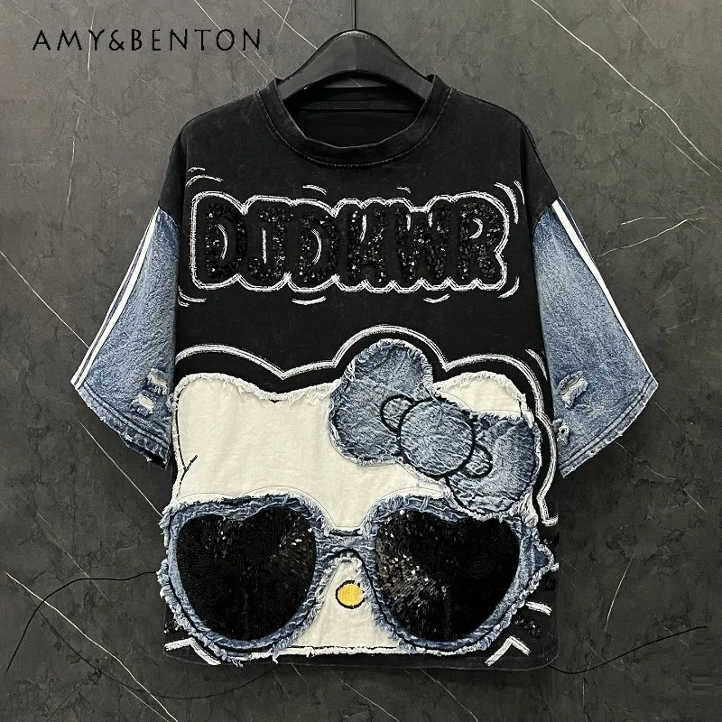 Summer Heavy Industry New Cartoon Patchwork T-shirt For Women's Loose Casual Versatile Youthful Half Sleeves Top Tshirt Pullover
Summer Heavy Industry New Cartoon Patchwork T-shirt For Women's Loose Casual Versatile Youthful Half Sleeves Top Tshirt Pullover