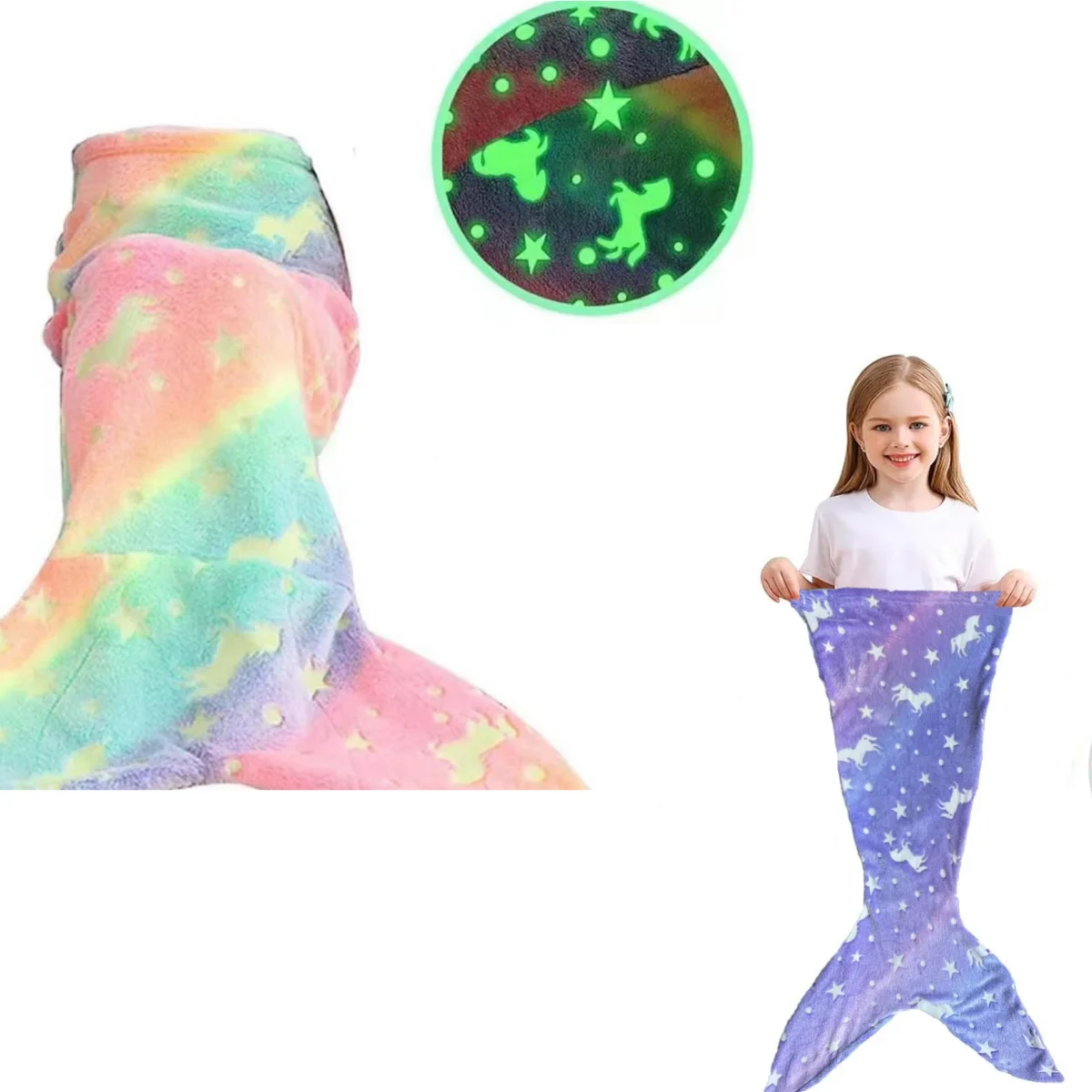 Night Glow Cartoon Rainbow Unicorn Mermaid Tail Blanket Wearable Companion Blankets Flannel Blanket Gifts Sleeping Bag
Night Glow Cartoon Rainbow Unicorn Mermaid Tail Blanket Wearable Companion Blankets Flannel Blanket Gifts Sleeping Bag