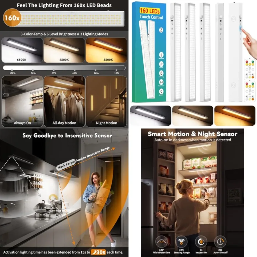 12inch Touch Control Under Cabinet Lighting, 160LED Super Bright, 4000mAh Long-Lasting, Magnetic Rechargeable Motion Sensor Und
12inch Touch Control Under Cabinet Lighting, 160LED Super Bright, 4000mAh Long-Lasting, Magnetic Rechargeable Motion Sensor Und