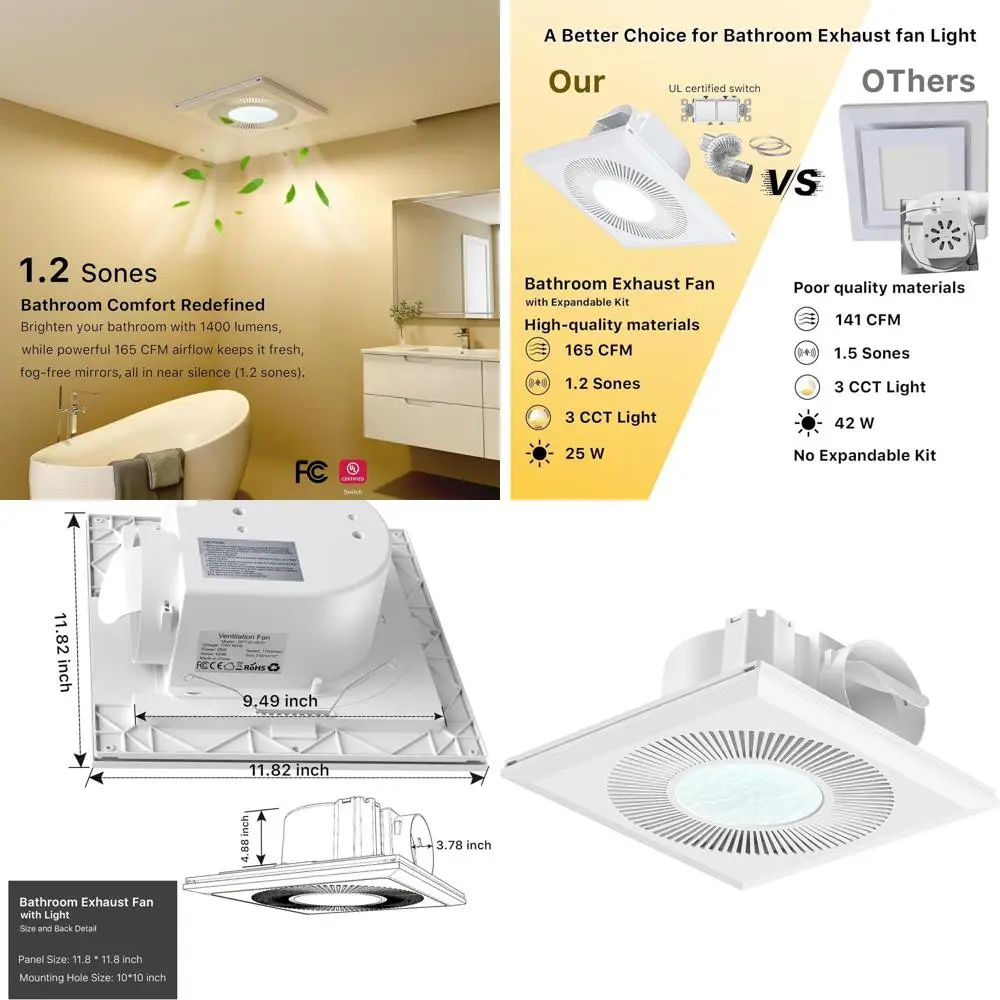 12 165CM Ceiling Exhaust Fan with 3CCT LED Light, 1400 Lumens, Quiet Operation, Adjustable 6550K White Light Bathroom Vent
12 165CM Ceiling Exhaust Fan with 3CCT LED Light, 1400 Lumens, Quiet Operation, Adjustable 6550K White Light Bathroom Vent