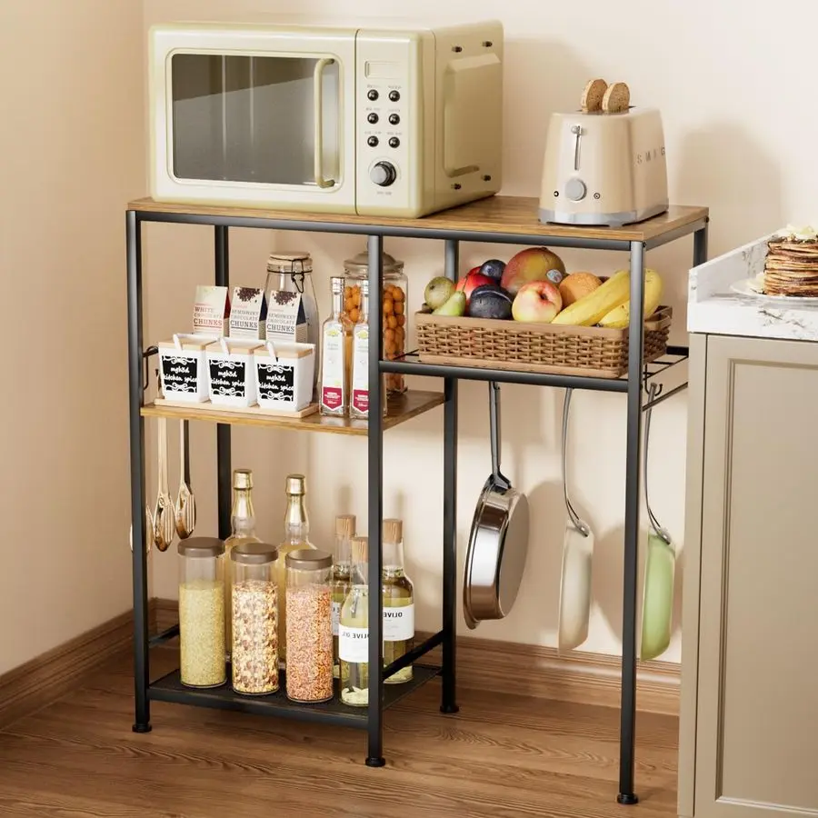 Microwave Stand, Adjustable Coffee Bar Cabinet, Multifunctional Pan Organizer with 6 Hooks and 3 Shelves, Bakers Rack for Shovel
Microwave Stand, Adjustable Coffee Bar Cabinet, Multifunctional Pan Organizer with 6 Hooks and 3 Shelves, Bakers Rack for Shovel