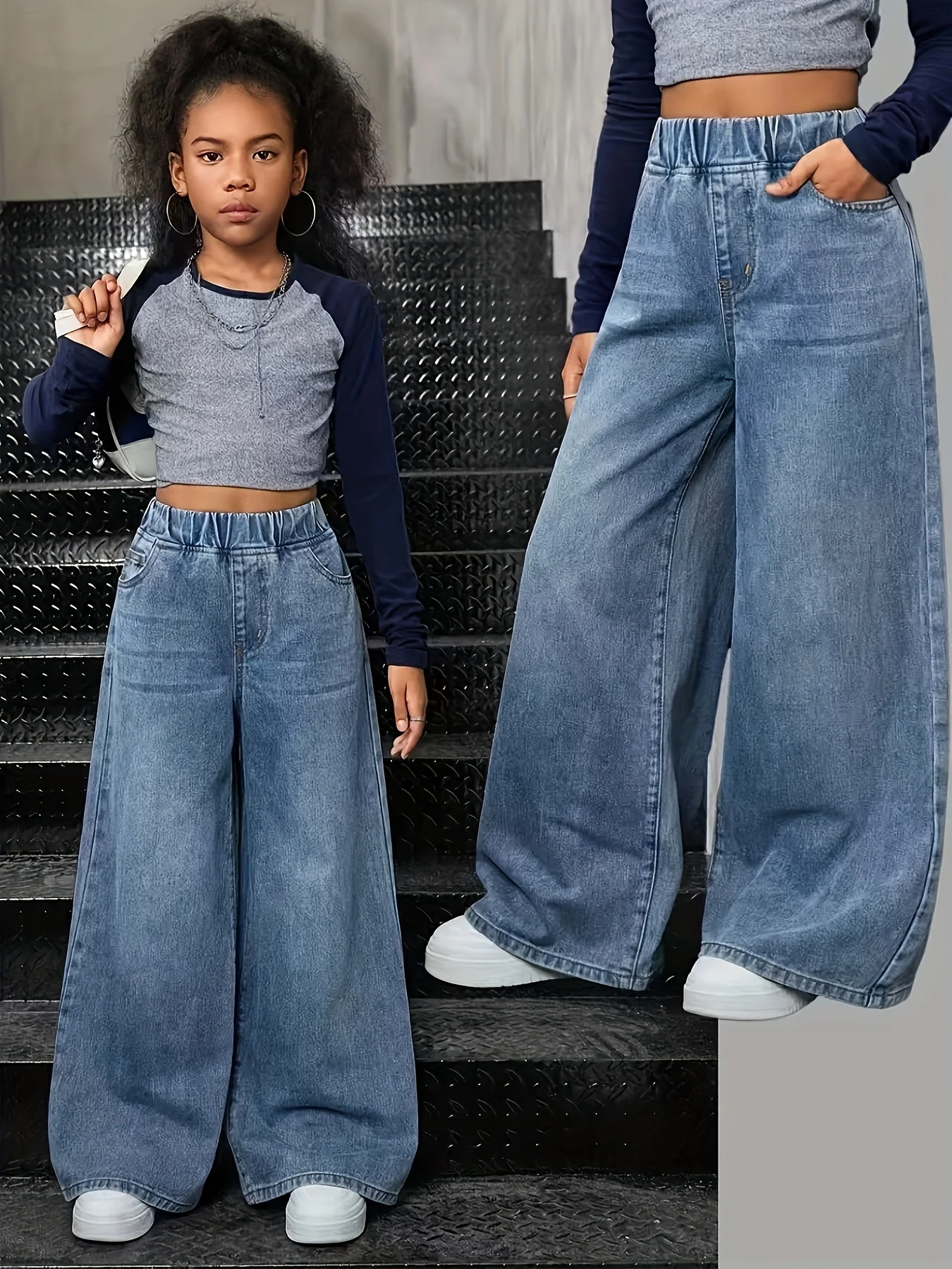 Girl's 2000s trendy street style loose and comfortable washed denim straight-leg pants, with elasticized stretch waist
Girl's 2000s trendy street style loose and comfortable washed denim straight-leg pants, with elasticized stretch waist