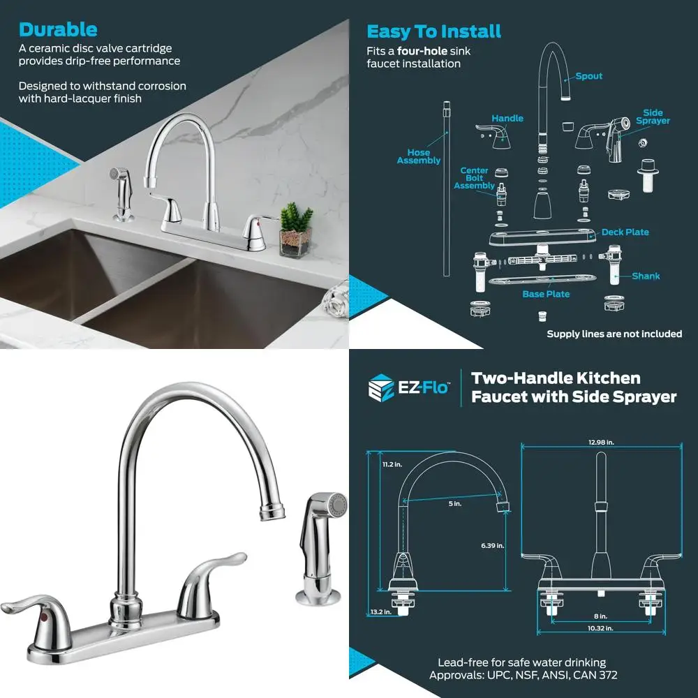 Stainless Steel Two-Handle High-Rise Kitchen Faucet with Side Spray, EZ-10201 Model
Stainless Steel Two-Handle High-Rise Kitchen Faucet with Side Spray, EZ-10201 Model
