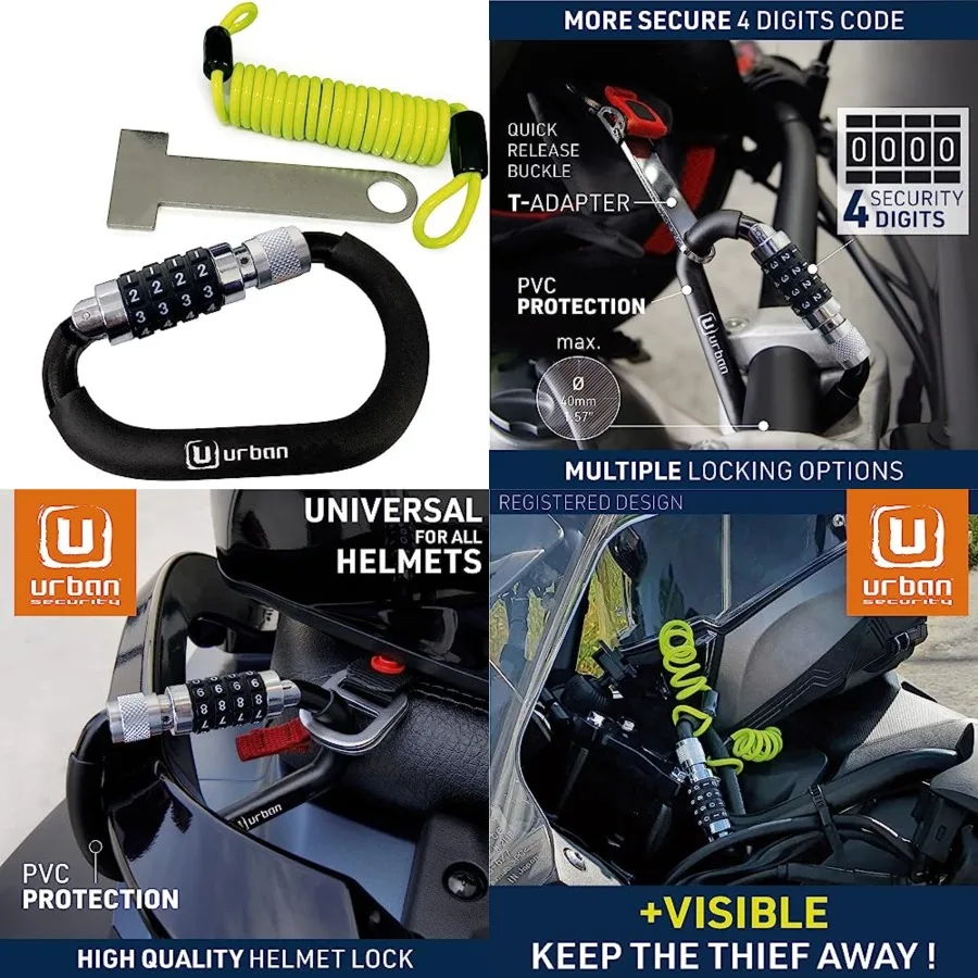 UR140 Motorcycle Helmet Lock, Carabiner with Safer 4 Digit Code, T Buckle Adapter, More Visible Braided Steel Security Cable, U
UR140 Motorcycle Helmet Lock, Carabiner with Safer 4 Digit Code, T Buckle Adapter, More Visible Braided Steel Security Cable, U