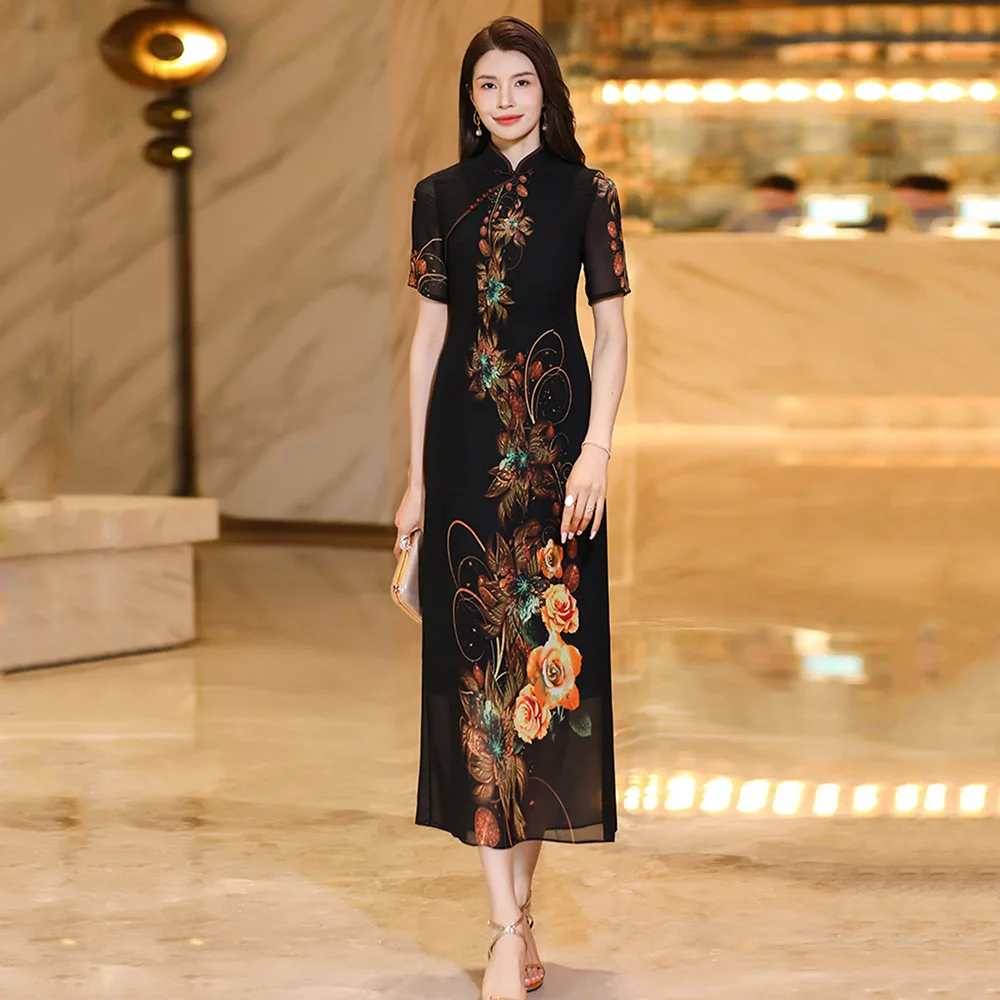 New Women Summer Chinese Style Long Dress Fashion Stand Collar Short Sleeve Slim Waist Floral Dress Elegant Chiffon Cheongsam
New Women Summer Chinese Style Long Dress Fashion Stand Collar Short Sleeve Slim Waist Floral Dress Elegant Chiffon Cheongsam