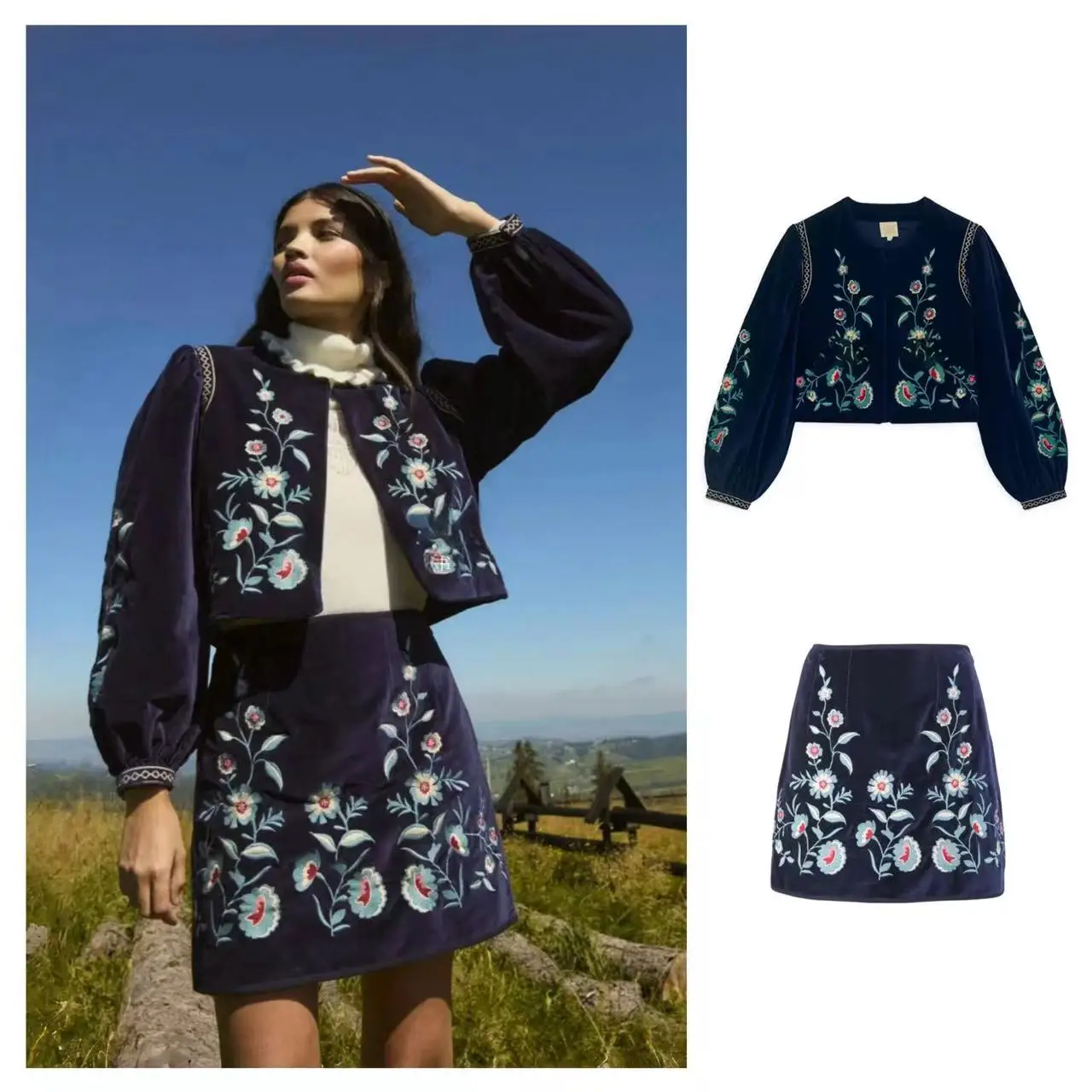 LouisMisa Parisian Blue Velvet Embroidered Jacket And Half Skirt Set Vintage Early Autumn Fashion Ladies' Loose Fit Shirt
LouisMisa Parisian Blue Velvet Embroidered Jacket And Half Skirt Set Vintage Early Autumn Fashion Ladies' Loose Fit Shirt