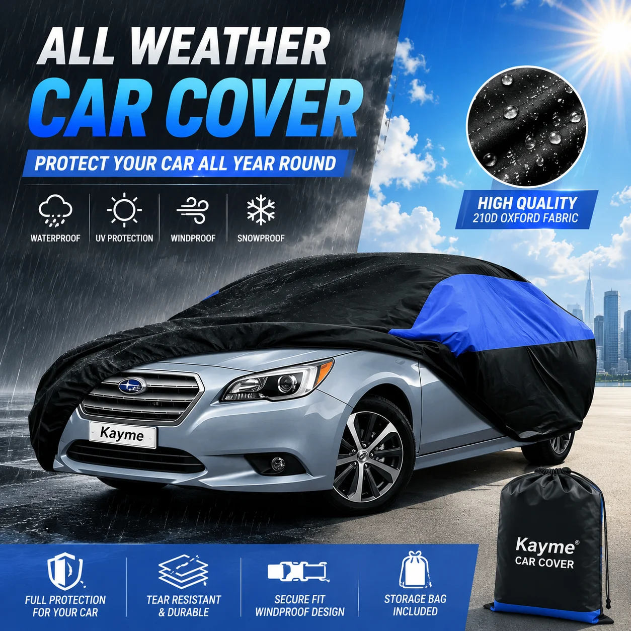 190T All Weather Car Cover Outdoor Waterproof UV Wind Snow Proof Full Exterior Auto Protector Fit for 185 x 70 x 59 inches
190T All Weather Car Cover Outdoor Waterproof UV Wind Snow Proof Full Exterior Auto Protector Fit for 185 x 70 x 59 inches