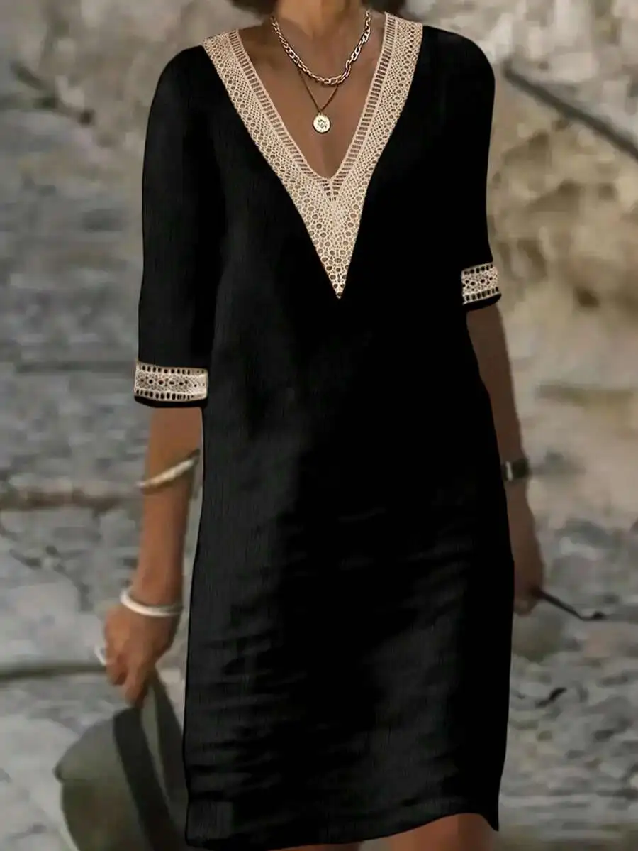 Womens Lace V-Neck Short Sleeve Casual Dress Spring Summer Black
Womens Lace V-Neck Short Sleeve Casual Dress Spring Summer Black