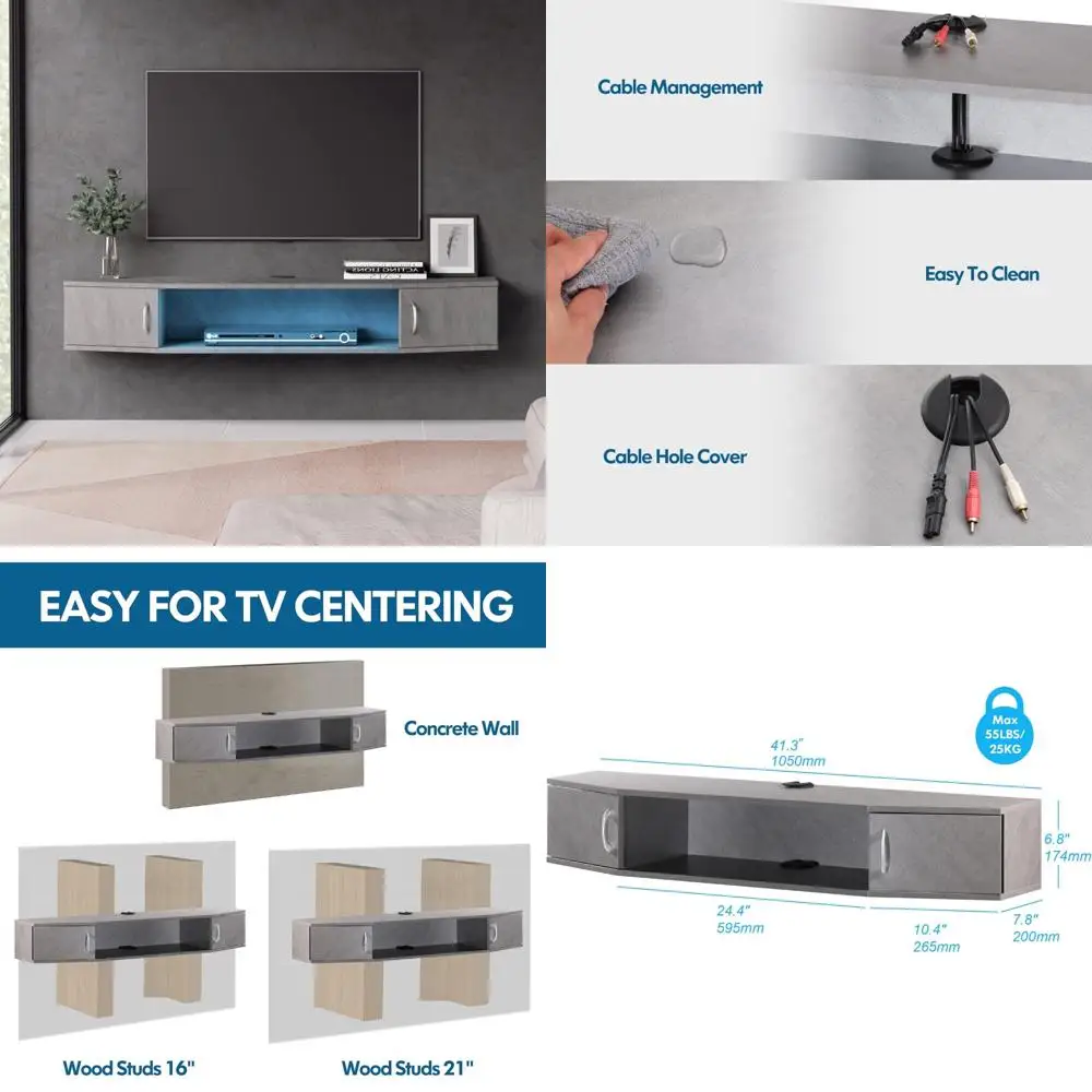 Modern Wall-Mounted Entertainment Center with LED Lights, Floating TV Stand, Wood Media Console Storage for Home Theater
Modern Wall-Mounted Entertainment Center with LED Lights, Floating TV Stand, Wood Media Console Storage for Home Theater