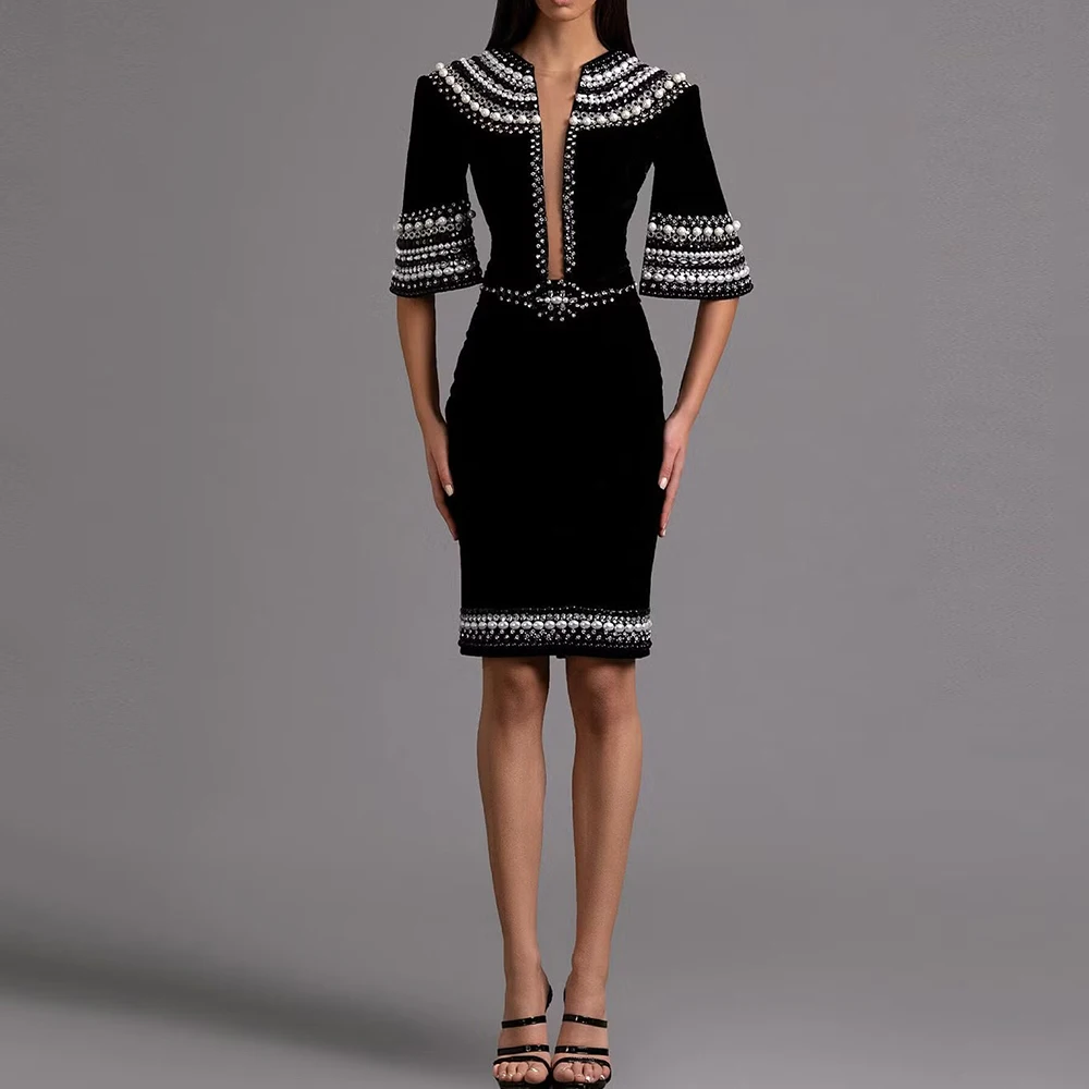 Luxury Handmade Beading Evening Dress O-Neck Half Flare Sleeves Knee-Length Sheath Women Velvet Custom Made Party Event Gowns
Luxury Handmade Beading Evening Dress O-Neck Half Flare Sleeves Knee-Length Sheath Women Velvet Custom Made Party Event Gowns