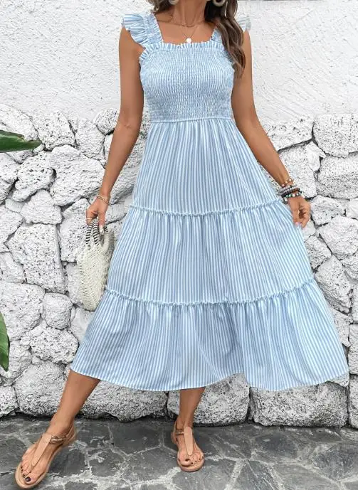 Women's Dress Summer New Elegant Casual Style Striped Print Pleated Shoulder Strap High Waist A-Line Sleeveless Dress
Women's Dress Summer New Elegant Casual Style Striped Print Pleated Shoulder Strap High Waist A-Line Sleeveless Dress