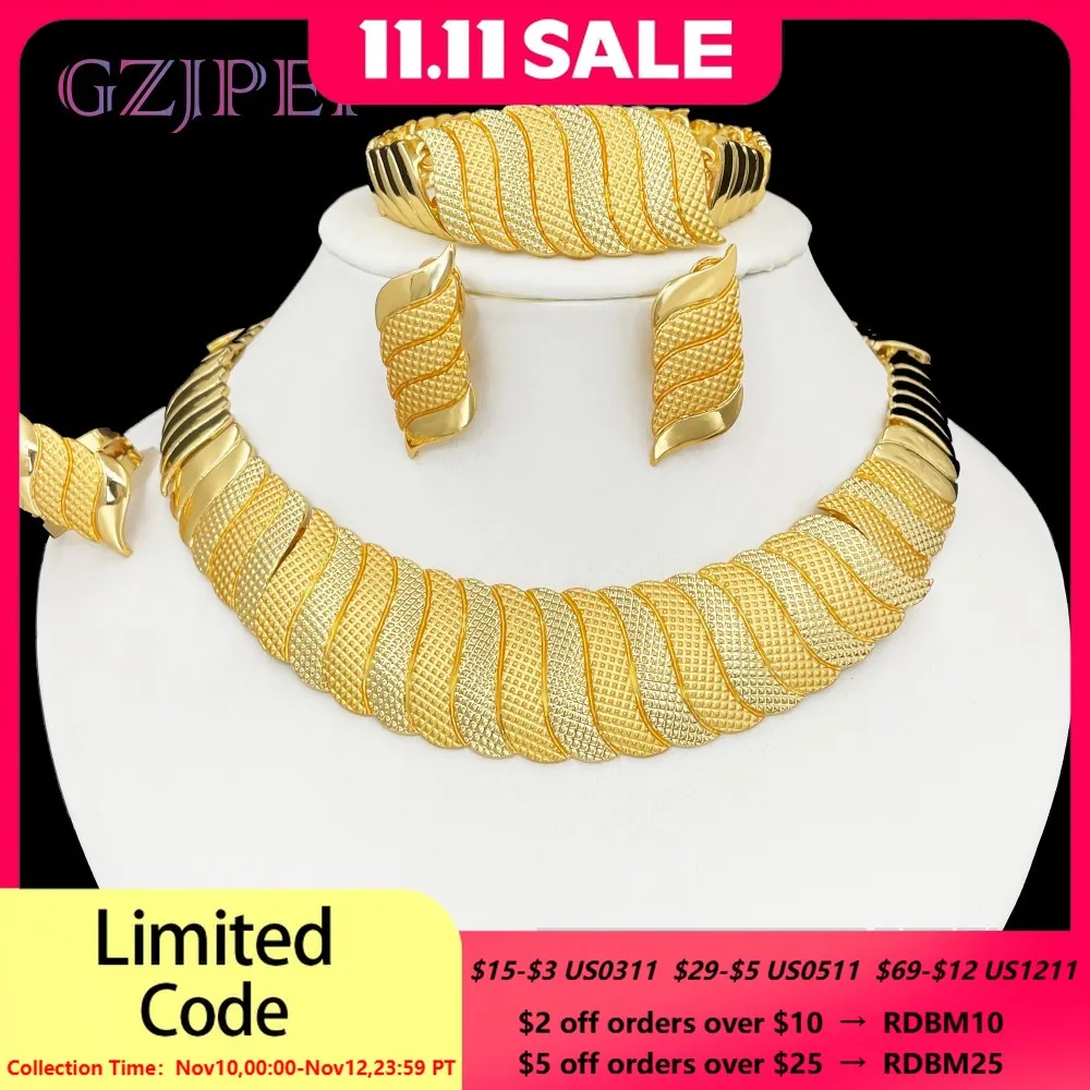 GZJPEI Three Tone Jewelry Set Africal Dubai Women Necklace Wide Bracelet Earrings Ring For Bridal Wedding Jewellery Gifts
GZJPEI Three Tone Jewelry Set Africal Dubai Women Necklace Wide Bracelet Earrings Ring For Bridal Wedding Jewellery Gifts