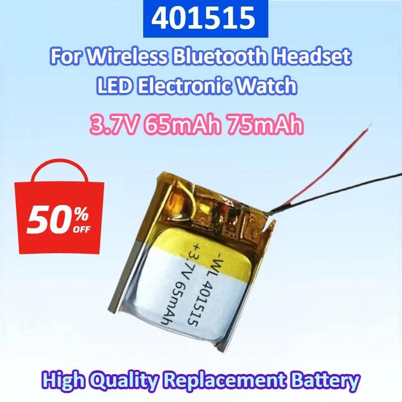 New 401515 65mAh 75mAh Polymer Lithium Battery for Wireless Bluetooth Headset Micro Wearable Device LED Electronic Watch
New 401515 65mAh 75mAh Polymer Lithium Battery for Wireless Bluetooth Headset Micro Wearable Device LED Electronic Watch