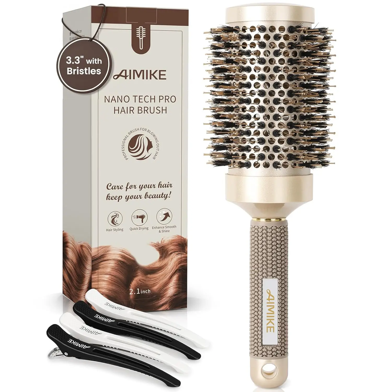 2.1 Inch Round Hair Brush, Ceramic & Ionic, Boar Bristles, Golden, for Drying, Styling, Curling & Shine + 4 Clips
2.1 Inch Round Hair Brush, Ceramic & Ionic, Boar Bristles, Golden, for Drying, Styling, Curling & Shine + 4 Clips