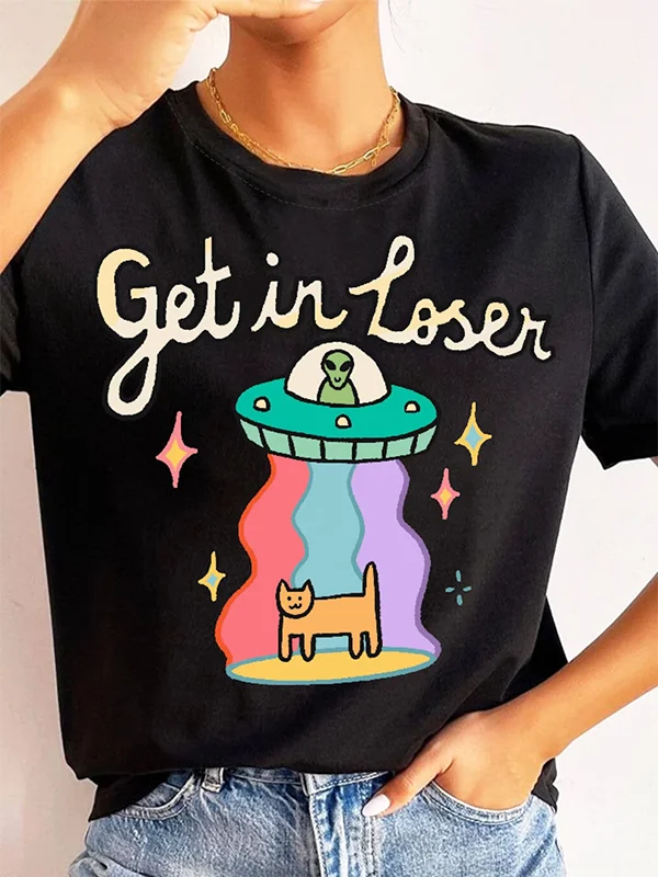 Get in Loser Funny Women T-shirt Cute Cartoon Ufo Caught Cat Print Female Shirt New Cute Vintage Cotton Casual Popular Girl Tee
Get in Loser Funny Women T-shirt Cute Cartoon Ufo Caught Cat Print Female Shirt New Cute Vintage Cotton Casual Popular Girl Tee