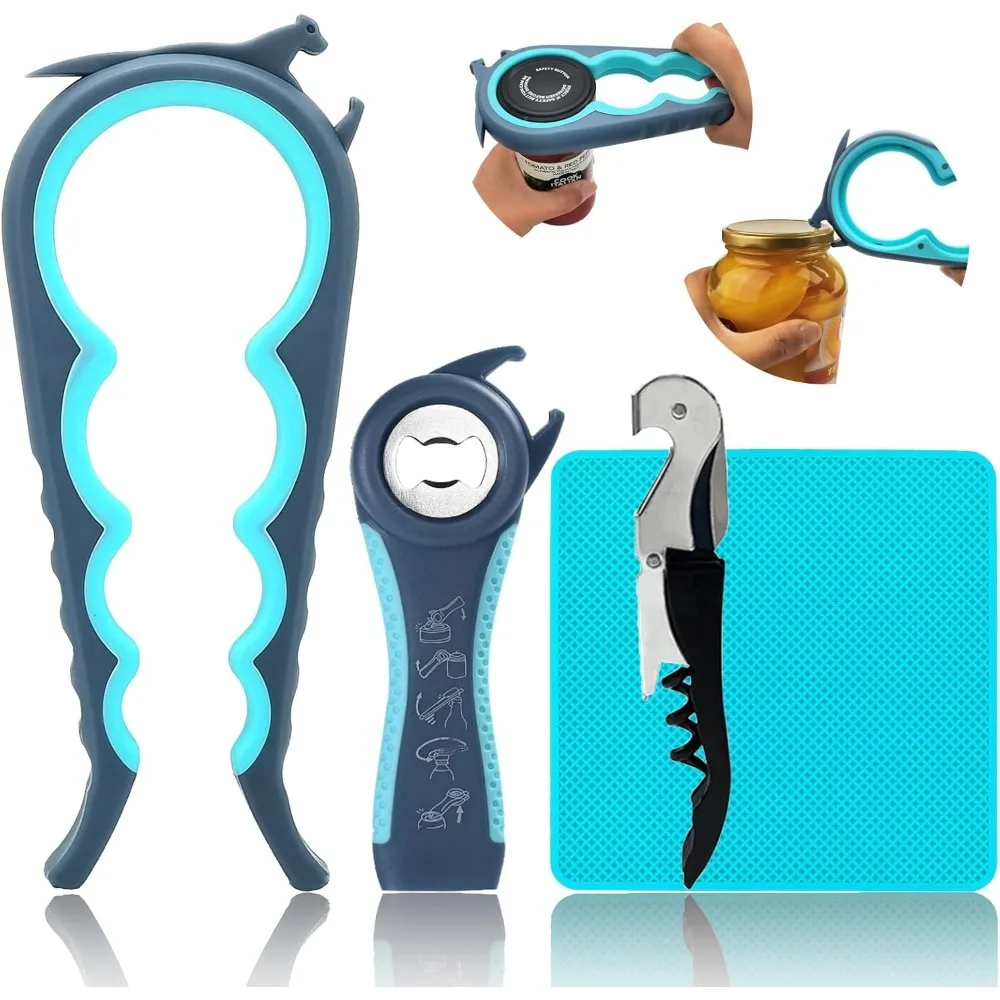 Jar Opener & Bottle Opener Set for Weak Hands - Multi-Function Kitchen Opener Tool for Seniors with Arthritis, Elderly - Includes Jar Lid Gripper Pad, Corkscrew Opener
Jar Opener & Bottle Opener Set for Weak Hands - Multi-Function Kitchen Opener Tool for Seniors with Arthritis, Elderly - Includes Jar Lid Gripper Pad, Corkscrew Opener