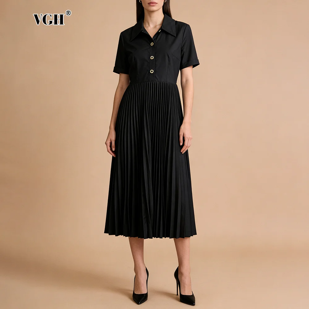 VGH Casual Outings Black Pleated Midi Shirt Dress for Women Lapel Gold Buttons Accent Slimming Short Sleeve for Office Commute
VGH Casual Outings Black Pleated Midi Shirt Dress for Women Lapel Gold Buttons Accent Slimming Short Sleeve for Office Commute