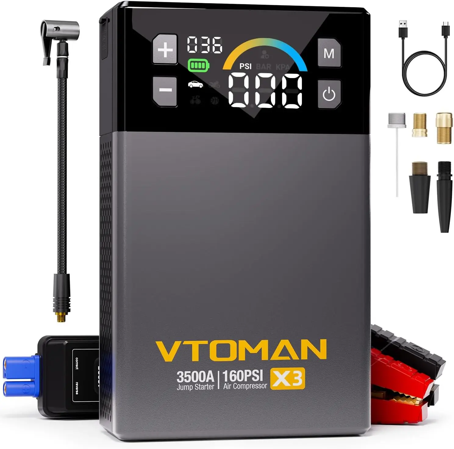 3500A Jump Starter with Air Compressor, 160PSI Tire Inflator, 12V Battery Booster Pack for Cars & Trucks
3500A Jump Starter with Air Compressor, 160PSI Tire Inflator, 12V Battery Booster Pack for Cars & Trucks