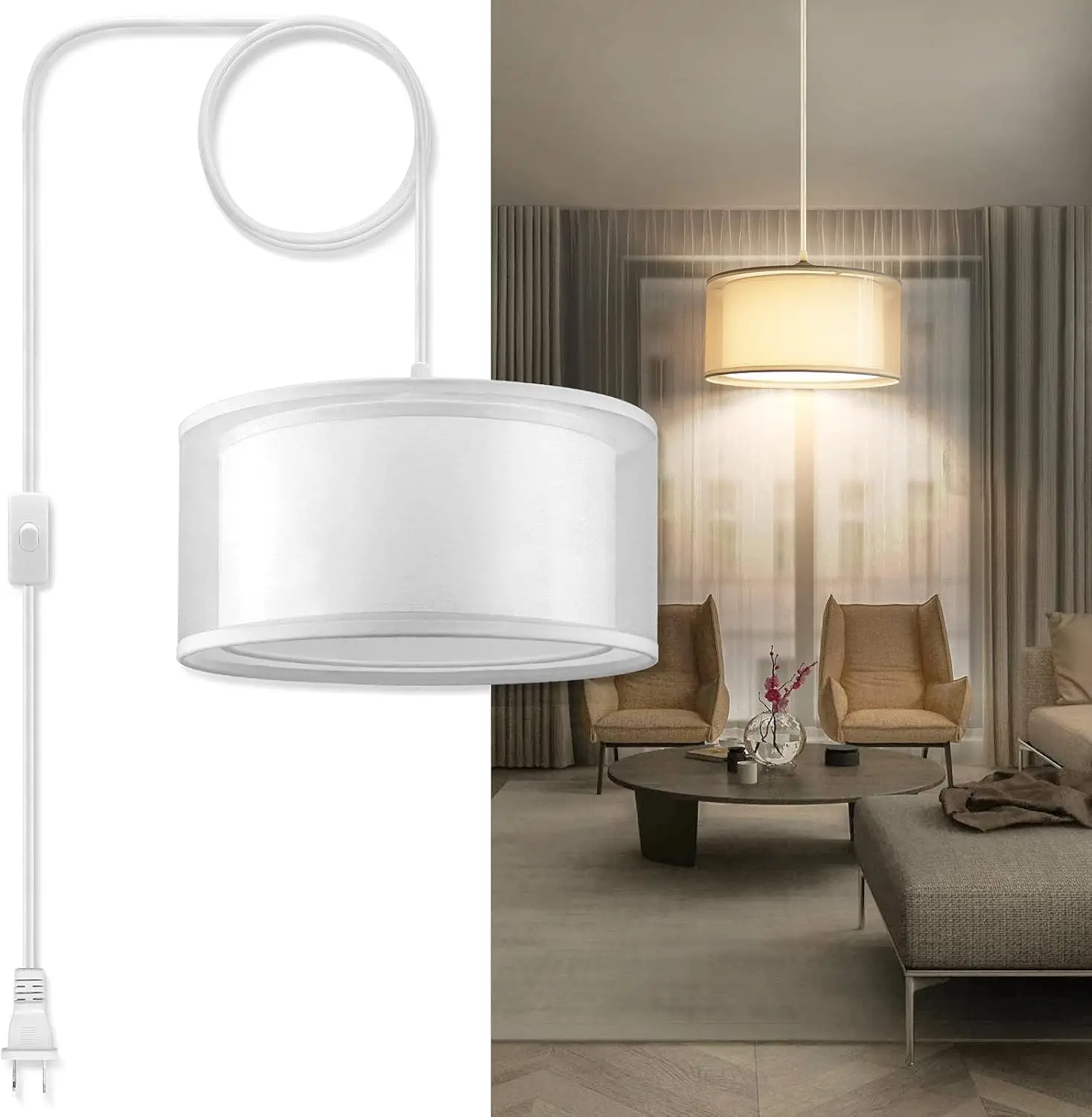 15FT Plug-in Pendant Light with Double Linen Shade, On/Off Switch, 3 Color Temperatures
15FT Plug-in Pendant Light with Double Linen Shade, On/Off Switch, 3 Color Temperatures