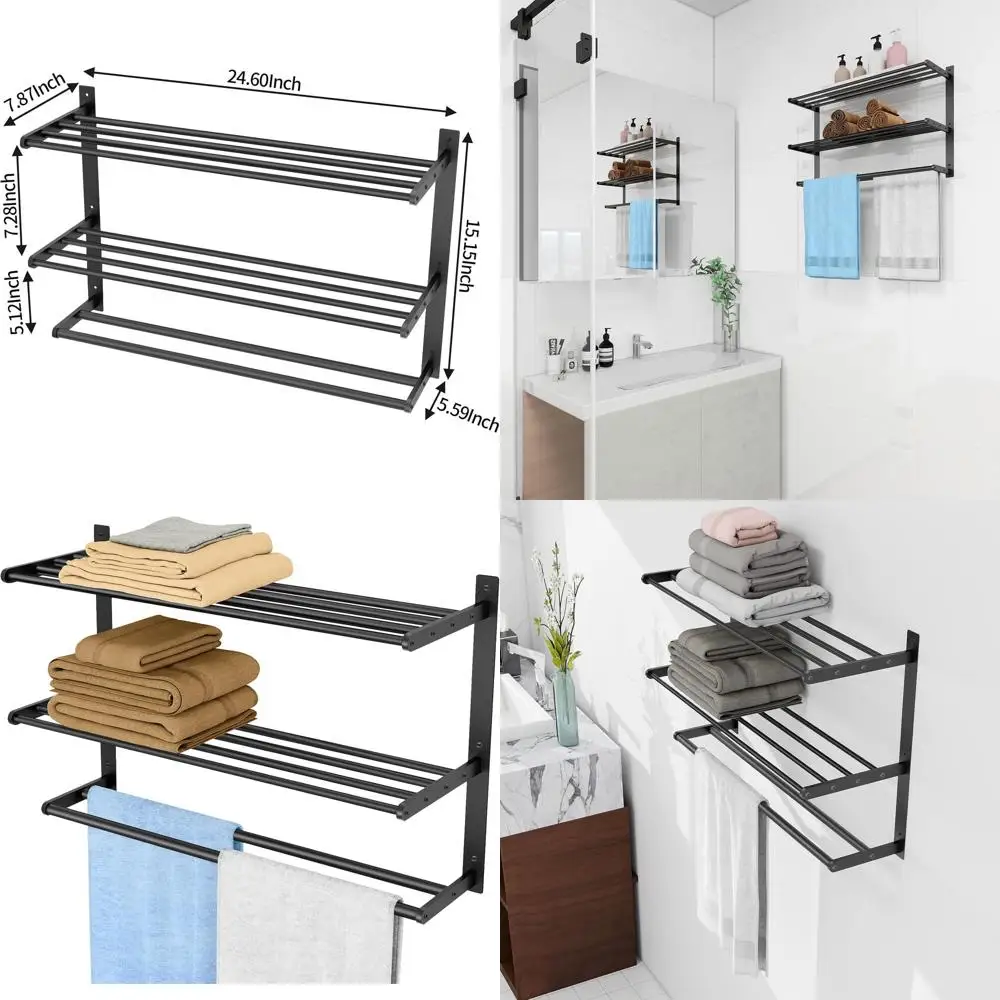 24 3-Tier Stainless Steel Bathroom Towel Shelf with Double Bar, Black
24 3-Tier Stainless Steel Bathroom Towel Shelf with Double Bar, Black
