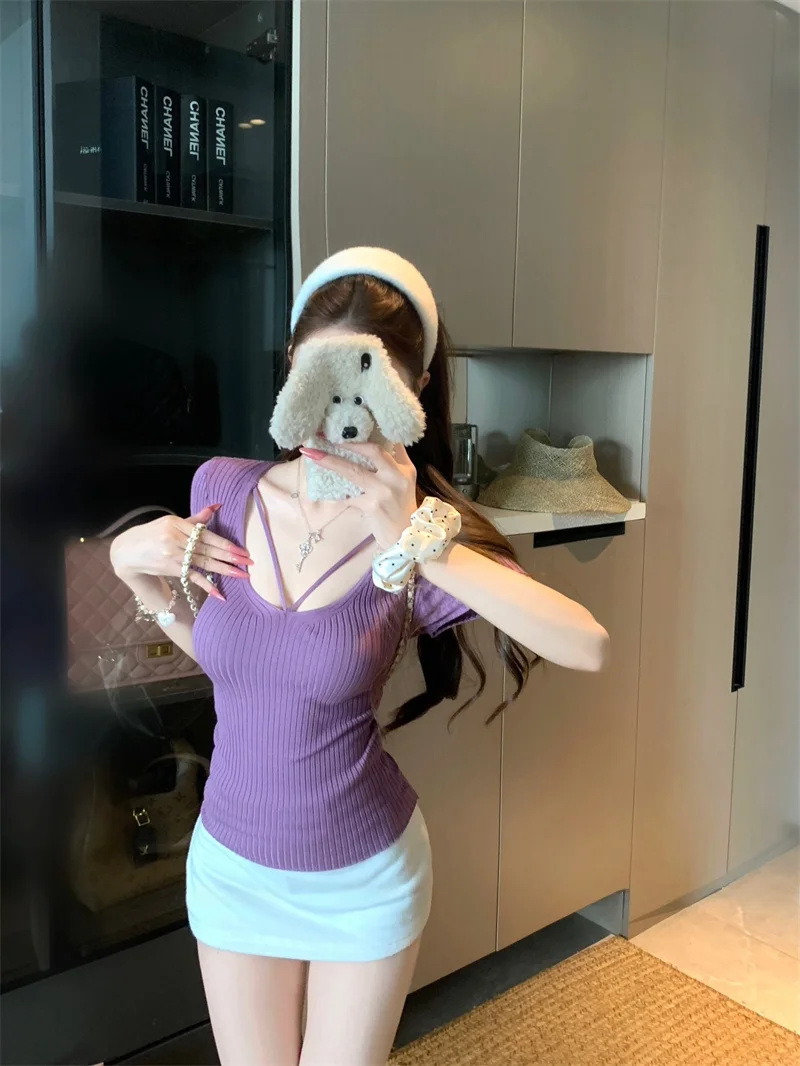 Slim Fit Short Sleeve U-Neck Knitwear Purple Women's Summer Elastic Waist Shaping Top Korean Style Commute Fashion Basic Shirt
Slim Fit Short Sleeve U-Neck Knitwear Purple Women's Summer Elastic Waist Shaping Top Korean Style Commute Fashion Basic Shirt