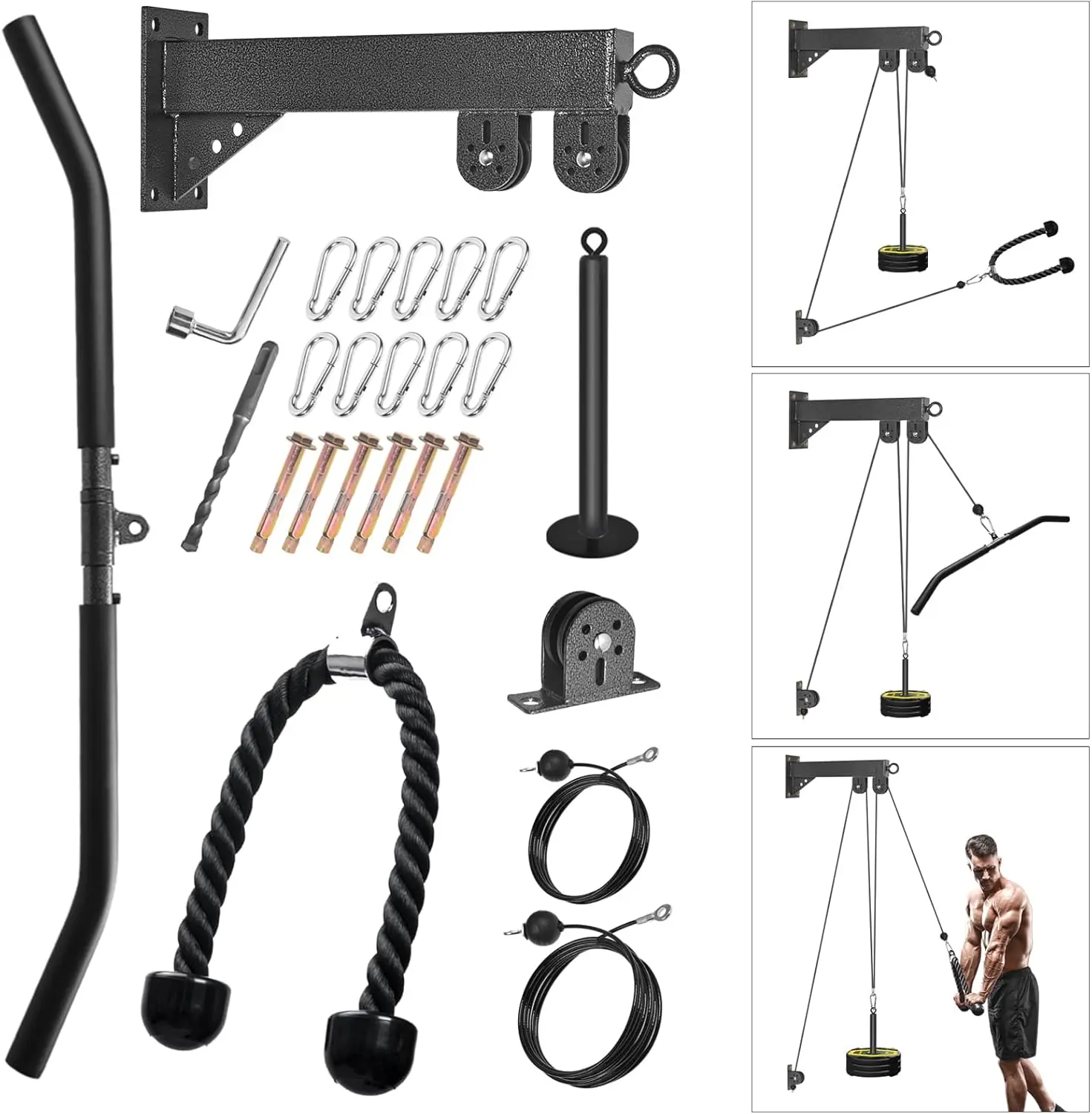 Wall Mounted Pulley System for Home Gym, Low Cable Machine with Pull Down Bar and Tricep Rope for LAT Pulldown and Biceps Curl
Wall Mounted Pulley System for Home Gym, Low Cable Machine with Pull Down Bar and Tricep Rope for LAT Pulldown and Biceps Curl