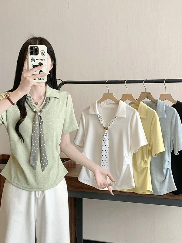 plus Size Slim Fit Short Sleeve Turn-down Collar T-shirt Women's Summer New Style Silk Scarf Belted Versatile Korean Version Top
plus Size Slim Fit Short Sleeve Turn-down Collar T-shirt Women's Summer New Style Silk Scarf Belted Versatile Korean Version Top