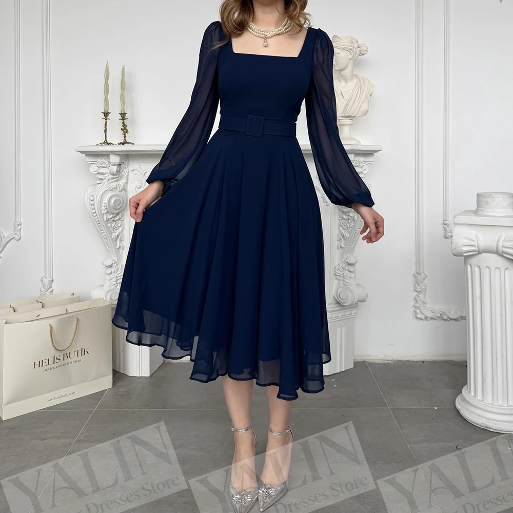 Women's A-line Evening Dresses Tea-length Square Collar Full Sleeve Prom Dresses Fashion Sashes Simple Draped Customized Gowns
Women's A-line Evening Dresses Tea-length Square Collar Full Sleeve Prom Dresses Fashion Sashes Simple Draped Customized Gowns