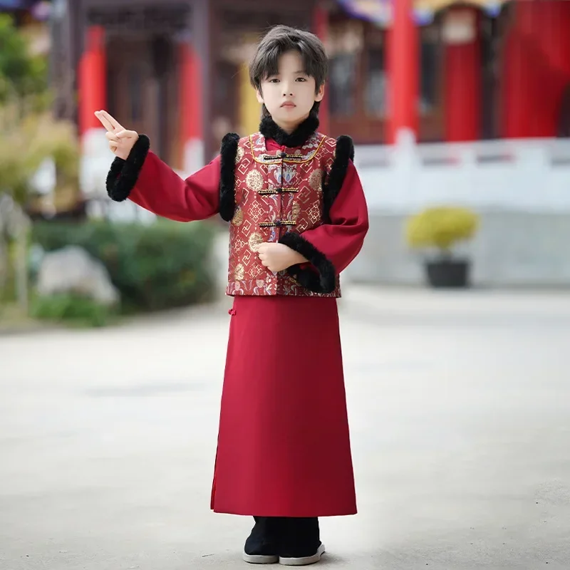 New Year Vintage Long Dress+sleeveless Parkas 2pcs Clothes Suits Boys' Hanfu Winter Children's Traditional Chinese Tang Costumes
New Year Vintage Long Dress+sleeveless Parkas 2pcs Clothes Suits Boys' Hanfu Winter Children's Traditional Chinese Tang Costumes