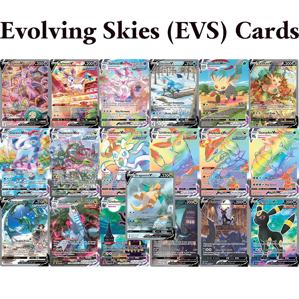 Карты PKM Evolving Skies (EVS) с фольгированным покрытием для самостоятельной сборки: редкие игровые карты Umbreon, Rayquaza VMAX, Dragonite V, Sylveon VMAX, Leafeon VMAX, Rayquaza V
Карты PKM Evolving Skies (EVS) с фольгированным покрытием для самостоятельной сборки: редкие игровые карты Umbreon, Rayquaza VMAX, Dragonite V, Sylveon VMAX, Leafeon VMAX, Rayquaza V