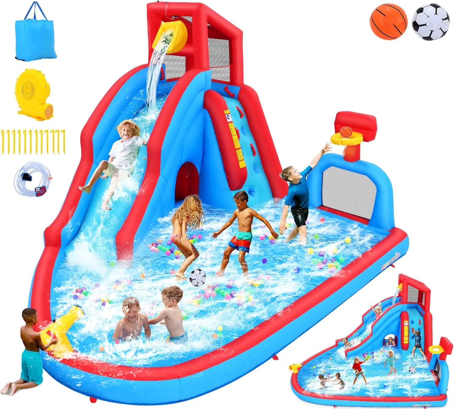 Inflatable Water Slide, 8-in-1 Waterpark with Tunnel, Soccer Goal & Basketball Hoop, 14.2x10.7x8.9FT w/Long Slide, Pouring Basin
Inflatable Water Slide, 8-in-1 Waterpark with Tunnel, Soccer Goal & Basketball Hoop, 14.2x10.7x8.9FT w/Long Slide, Pouring Basin