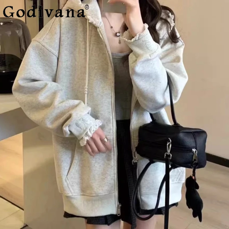 Large Size Heavy Industry Bead Lace Sweet Bow Lace Zipper Jacket Women Fashion Loose Grey Long Sleeve Hooded Sweatershirt
Large Size Heavy Industry Bead Lace Sweet Bow Lace Zipper Jacket Women Fashion Loose Grey Long Sleeve Hooded Sweatershirt