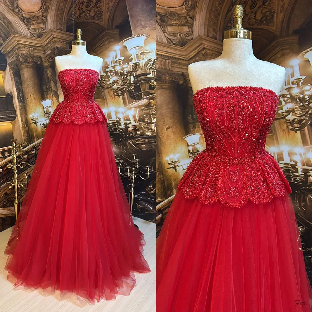 Charming Beading Sequin Red Ball Gown Prom Gown Strapless Peplum Sweep Train A-Line Evening Dress Robes De Soirée Customized
Charming Beading Sequin Red Ball Gown Prom Gown Strapless Peplum Sweep Train A-Line Evening Dress Robes De Soirée Customized