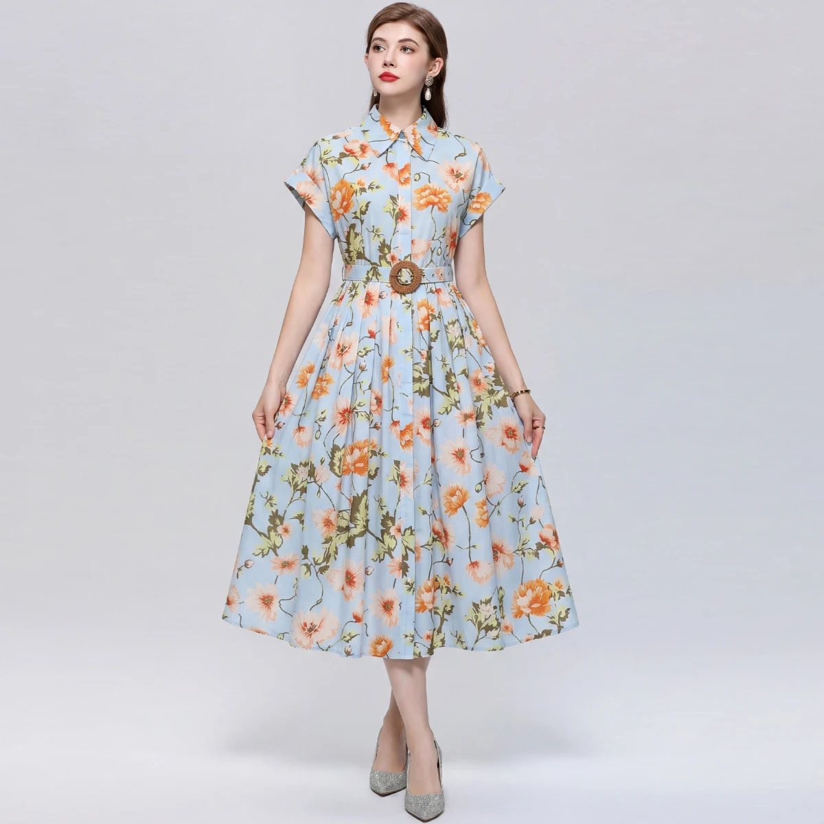 Vintage Floral Print Shirt Dress Women Short Sleeve Collar A-Line Midi Dress Elegant Summer Belted Party Dress Casual Clothing
Vintage Floral Print Shirt Dress Women Short Sleeve Collar A-Line Midi Dress Elegant Summer Belted Party Dress Casual Clothing