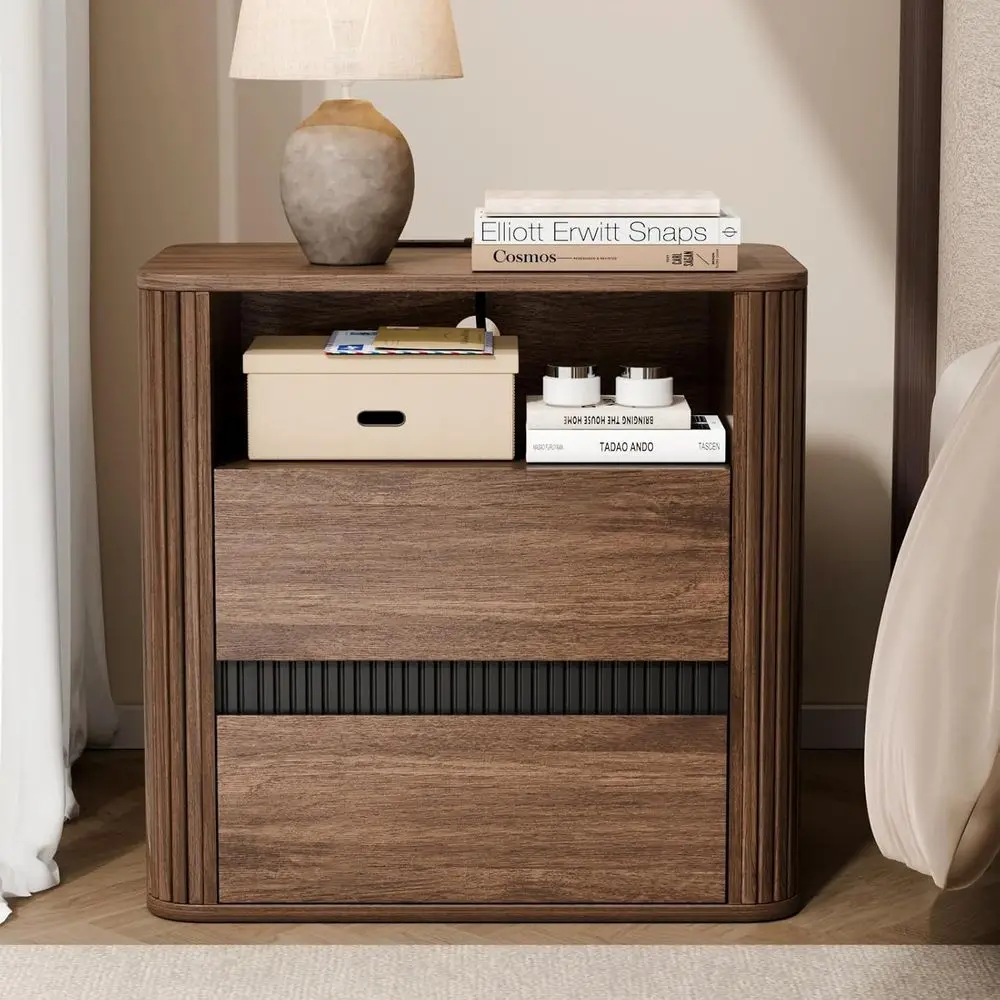Charging Station Nightstand, Wooden Bedside Table with 2 Drawers and Open Shelf, Walnut Bedside Table, Rounded Top for Bedroom o
Charging Station Nightstand, Wooden Bedside Table with 2 Drawers and Open Shelf, Walnut Bedside Table, Rounded Top for Bedroom o