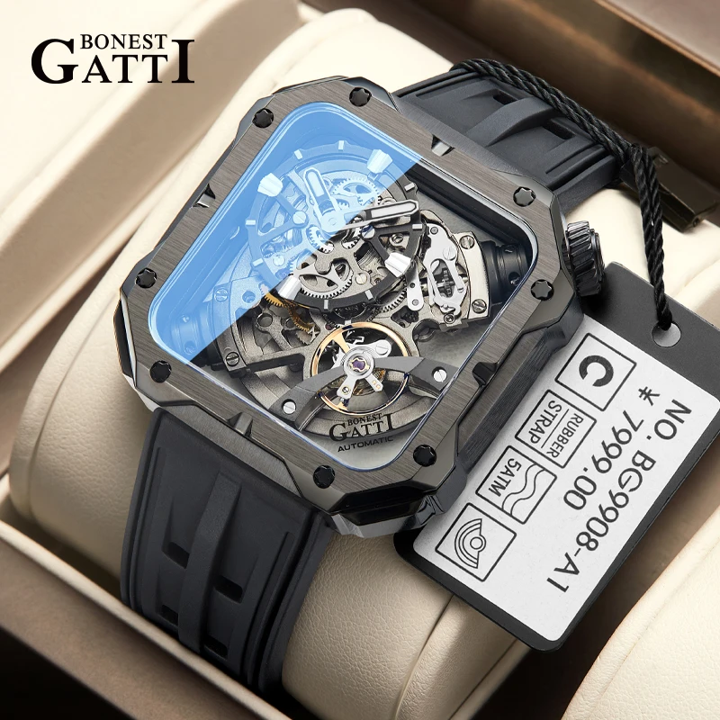 BONEST GATTI New Men's Silver/Black Square Skeleton Automatic Mechanical Watch Waterproof Sport Wristwatch with Silicone Strap
BONEST GATTI New Men's Silver/Black Square Skeleton Automatic Mechanical Watch Waterproof Sport Wristwatch with Silicone Strap