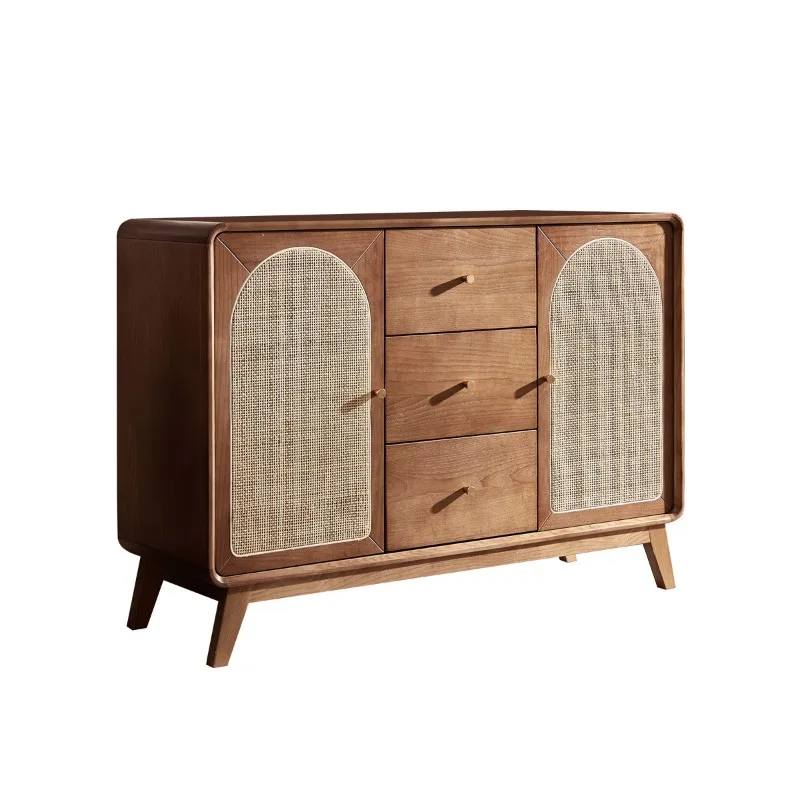 Retro solid wood dining side cabinet small apartment living room simple rattan locker walnut color household storage cabinet 
Retro solid wood dining side cabinet small apartment living room simple rattan locker walnut color household storage cabinet
