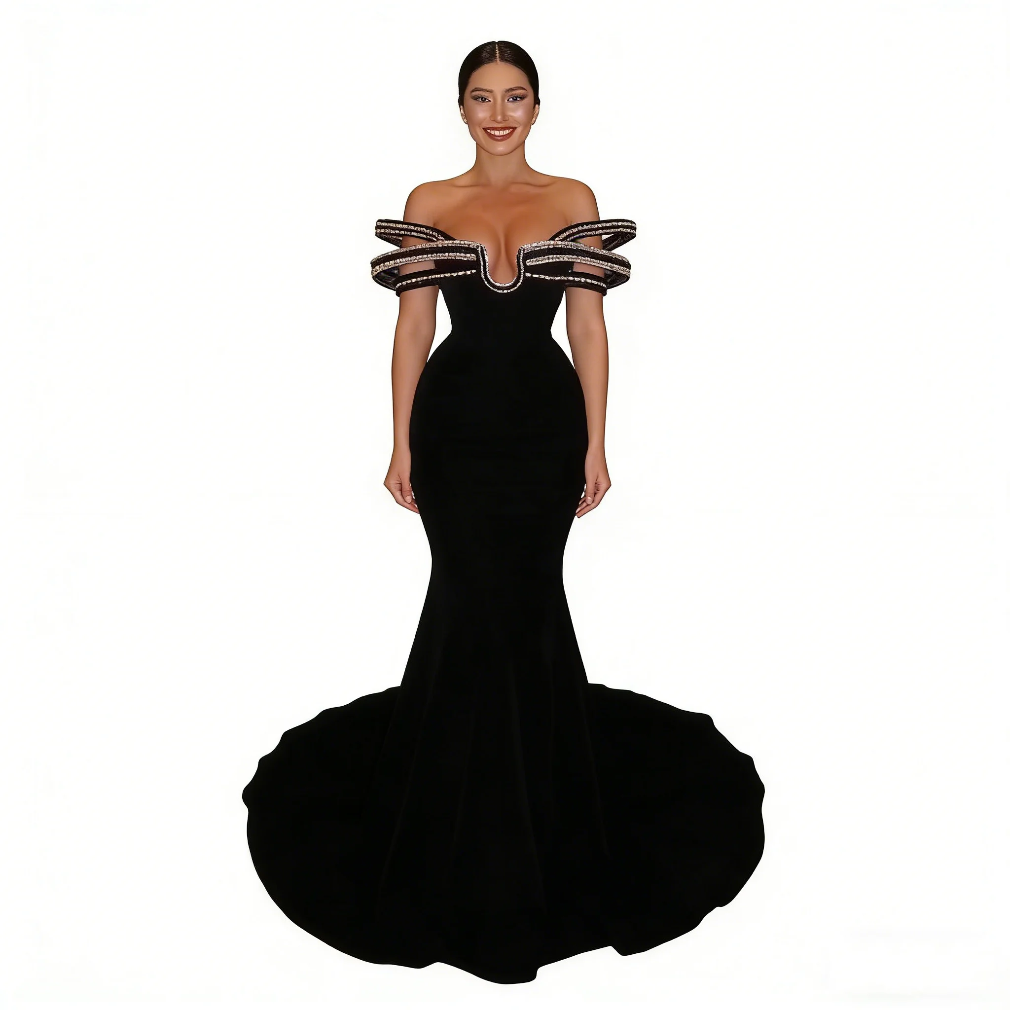 Luxurious Beaded 3D Ruffle Evening Formal Party Gowns Dubai Velvet Mermaid Prom Dress Long Train Black Wedding Reception Dress
Luxurious Beaded 3D Ruffle Evening Formal Party Gowns Dubai Velvet Mermaid Prom Dress Long Train Black Wedding Reception Dress