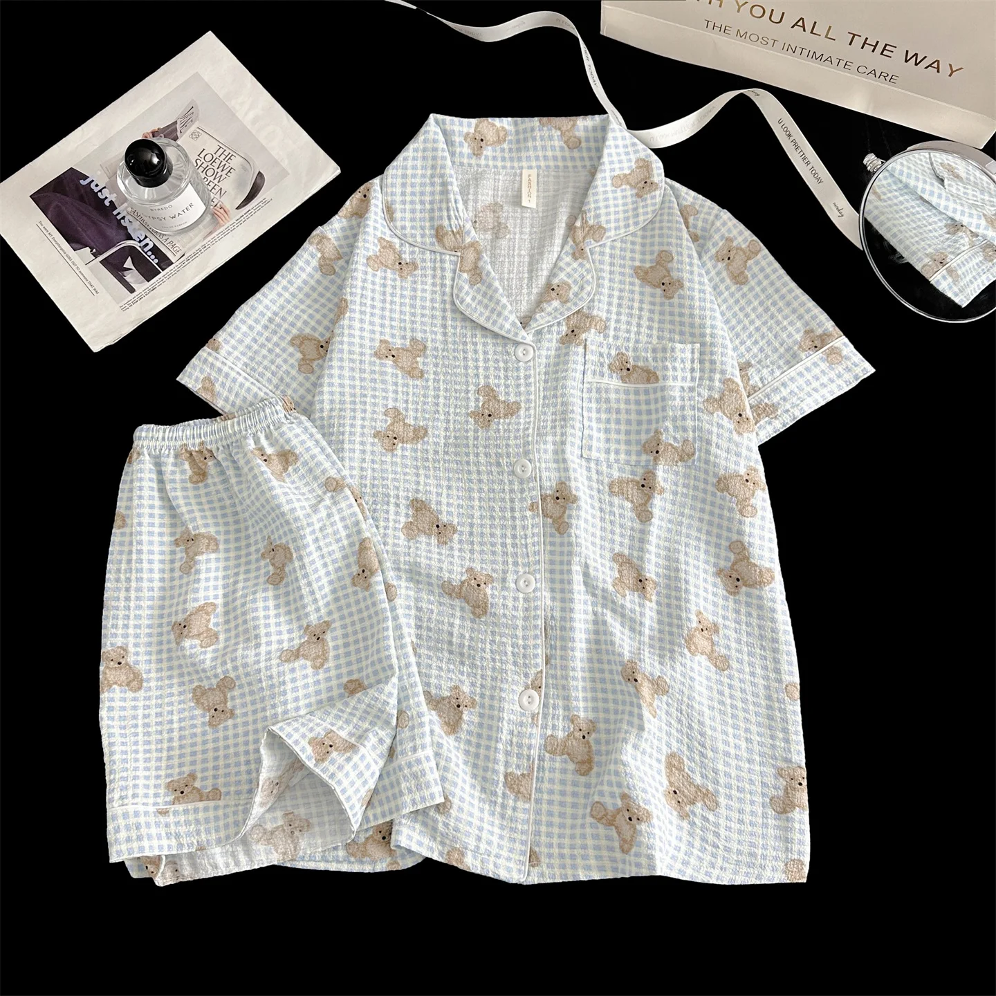 Summer Short Sleeve Sleepwear Women's Bubble Gauze Pleated Cardigan Sweet Little Cherry Thin Home Clothes Set Casual Style 5 S10f83fb3f9434de39134781dd7bc86295